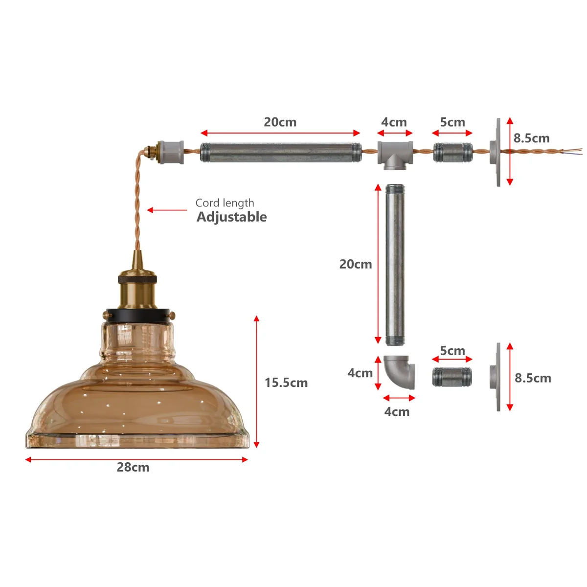 Industrial amber glass wall lamp with galvanized iron conduit pipes and adjustable fabric cord in vintage style
