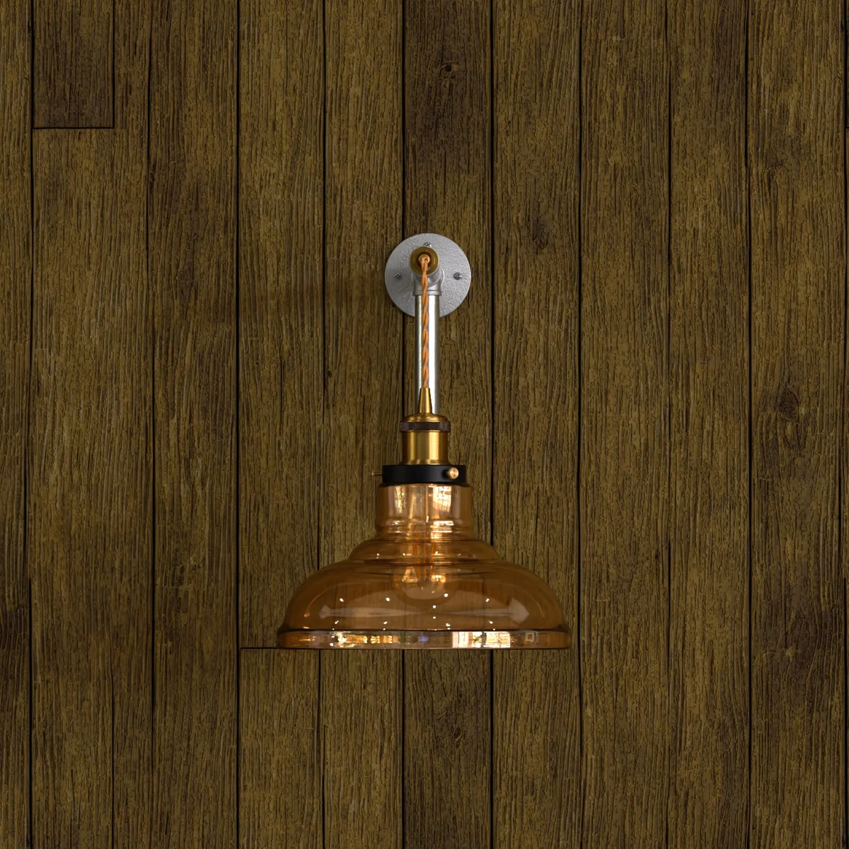 Industrial wall light kit with amber glass shade, galvanized iron conduit pipes, and an adjustable fabric cord light.