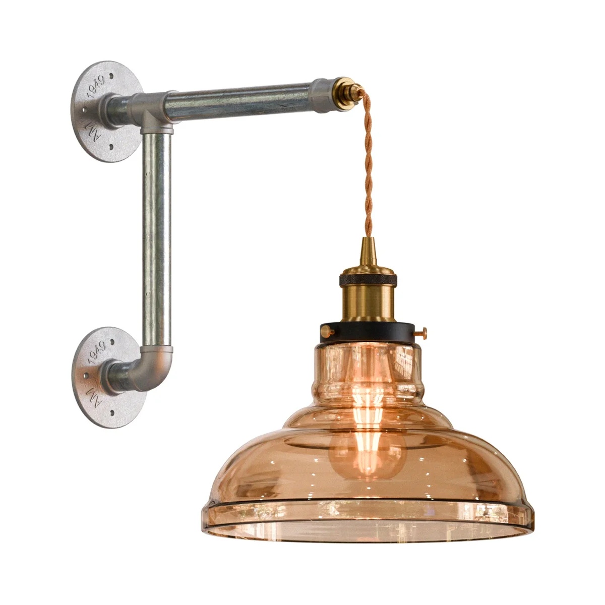 Industrial E27 wall lamp with amber glass shade and galvanized iron conduit frame, adjustable fabric cord, wall‑mounted.