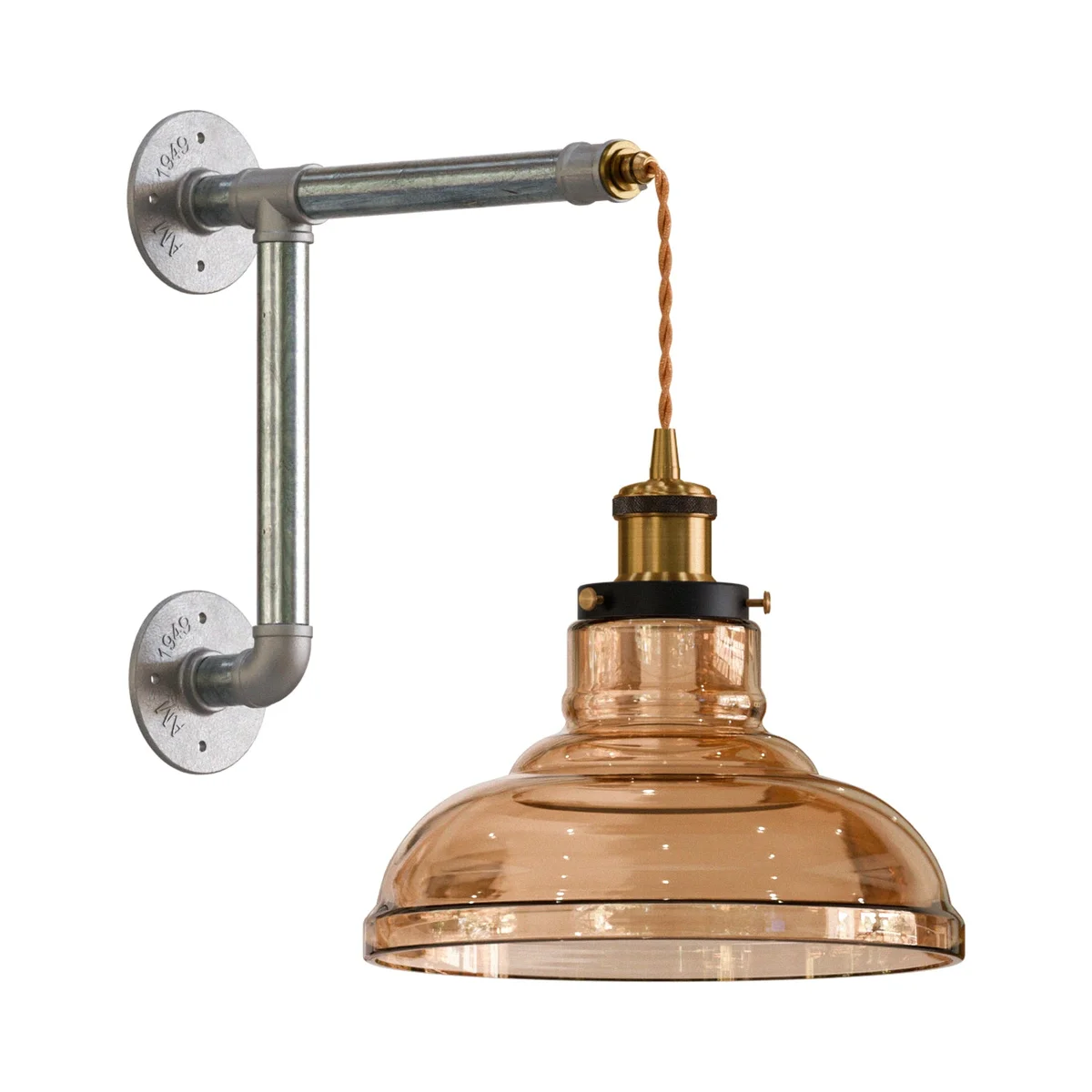 Industrial conduit wall light with amber glass shade and galvanized iron pipes, adjustable fabric cord visible