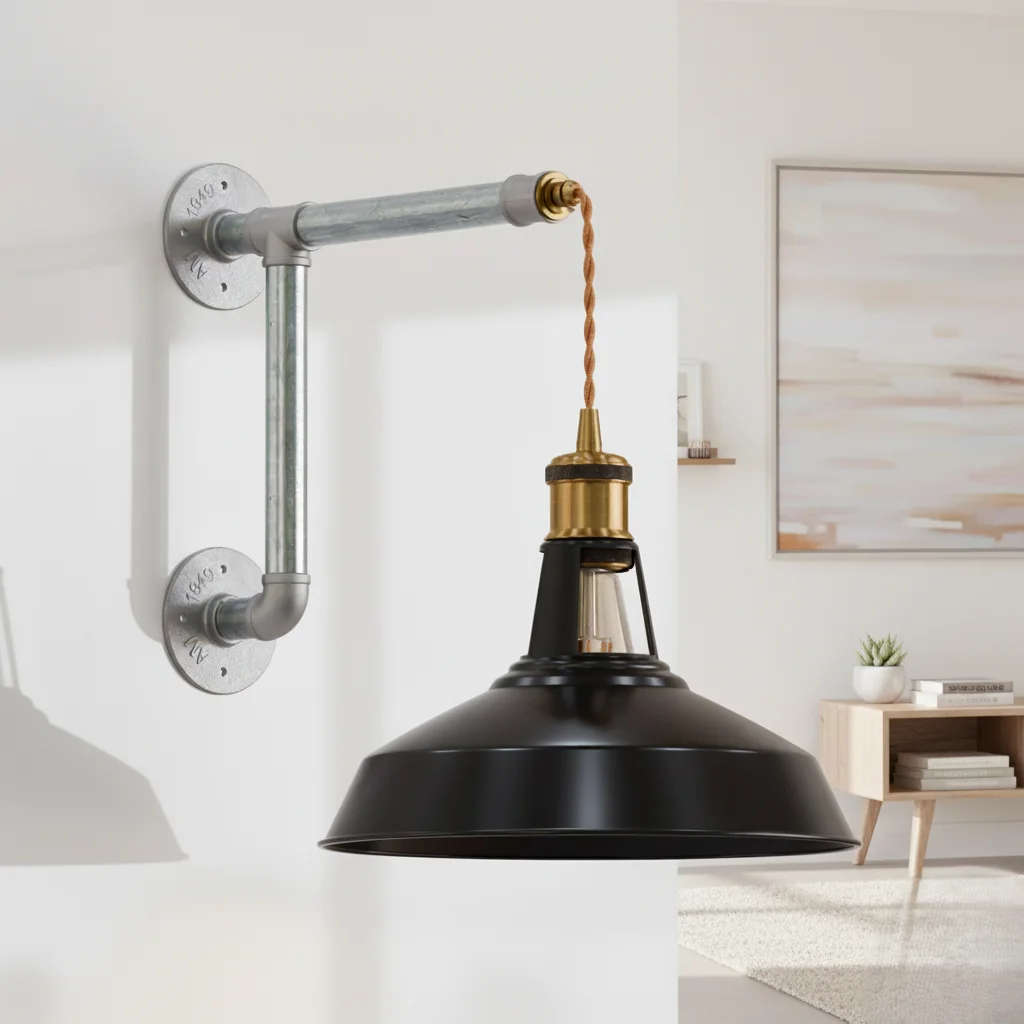 Black metal industrial wall light with barn shade, galvanized iron pipe mount, and adjustable twisted fabric cord