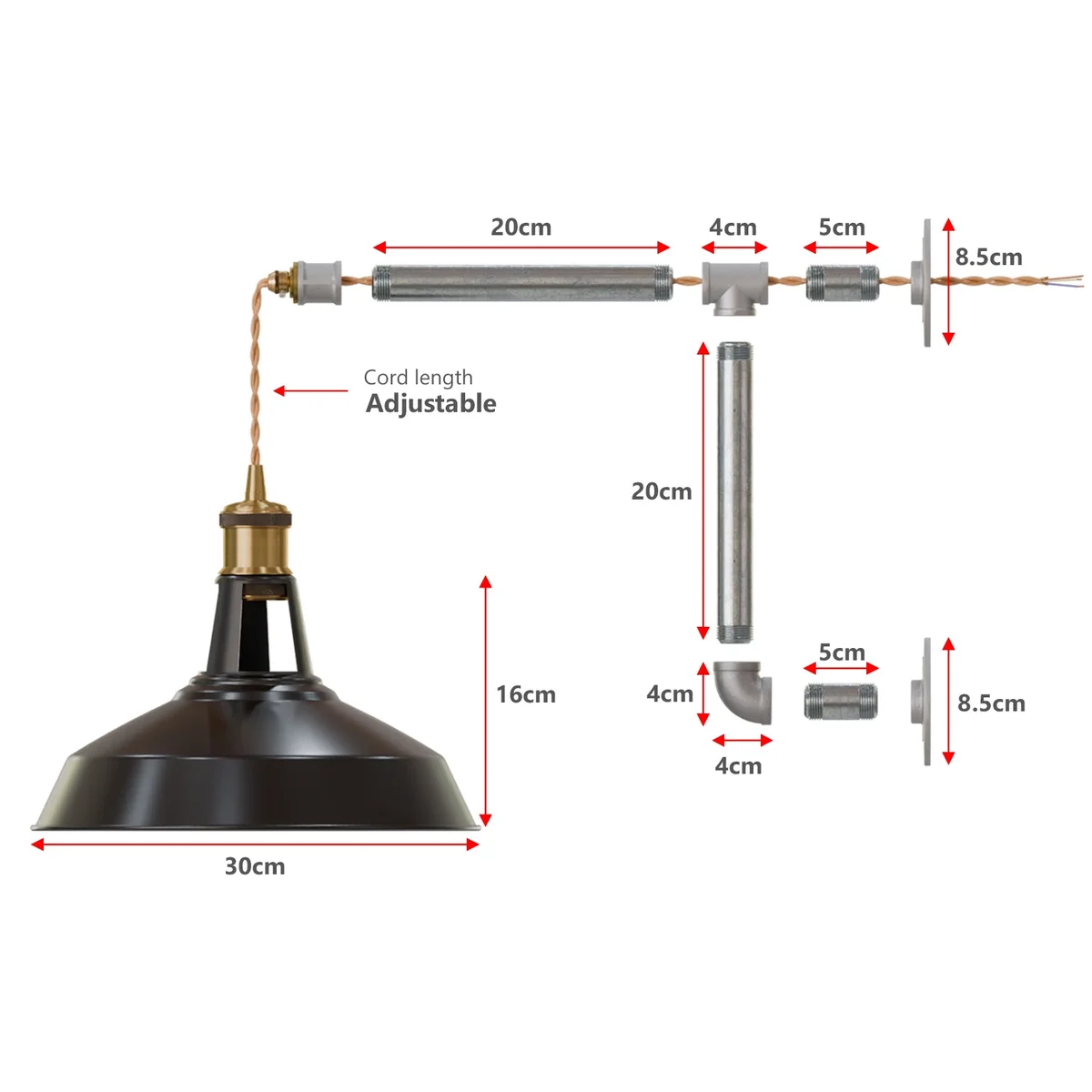 Industrial metal barn shade light with black finish, galvanized iron pipe, and adjustable twisted fabric cord wall mounted kit