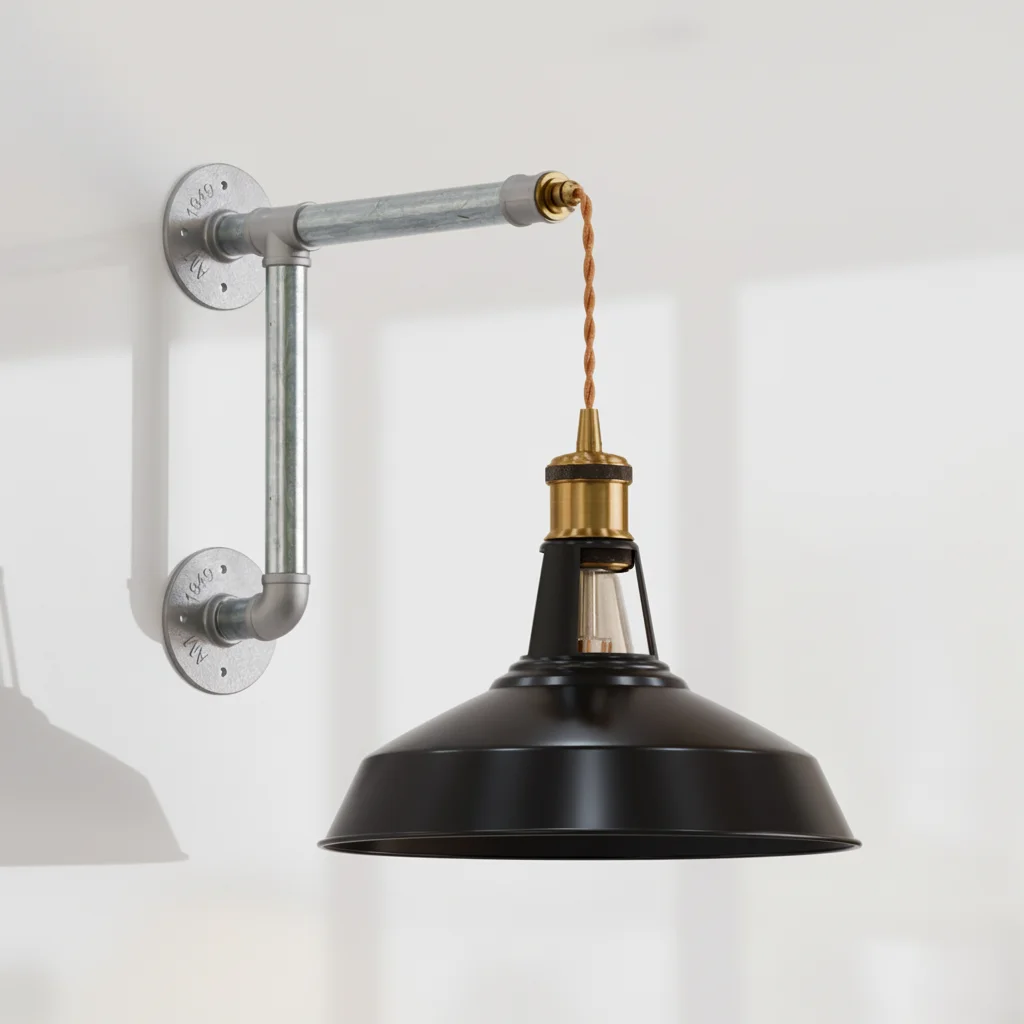 Black metal barn shade conduit pipe wall light mounted on white wall with visible galvanized iron pipe fittings and twisted cord