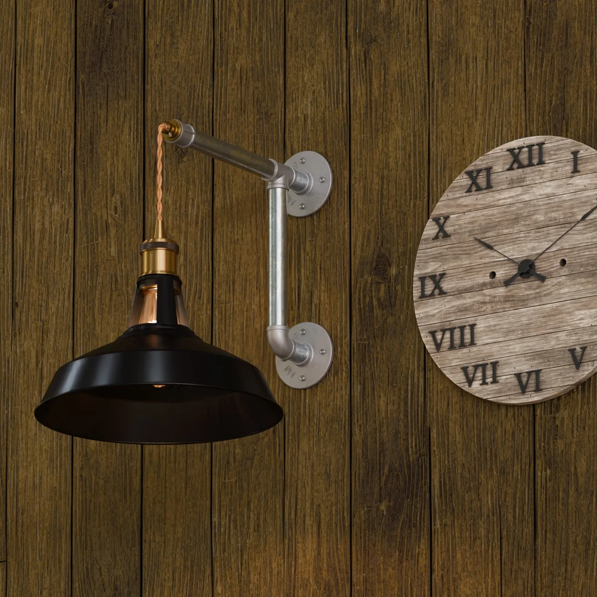 Black metal barn shade industrial DIY wall light kit with galvanized iron pipes and adjustable fabric cord on white background