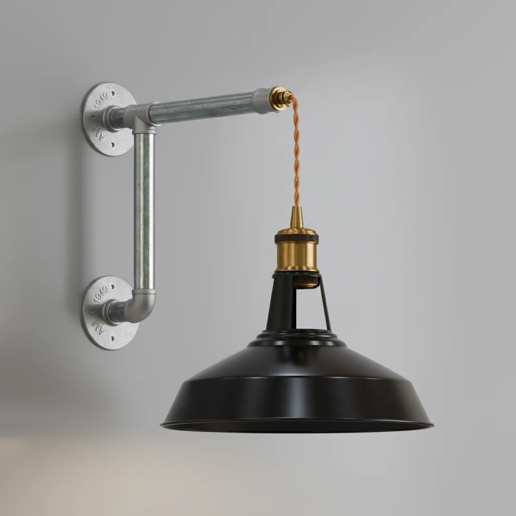 Adjustable pendant light with black metal barn shade and exposed galvanized iron pipe wall mount in industrial style