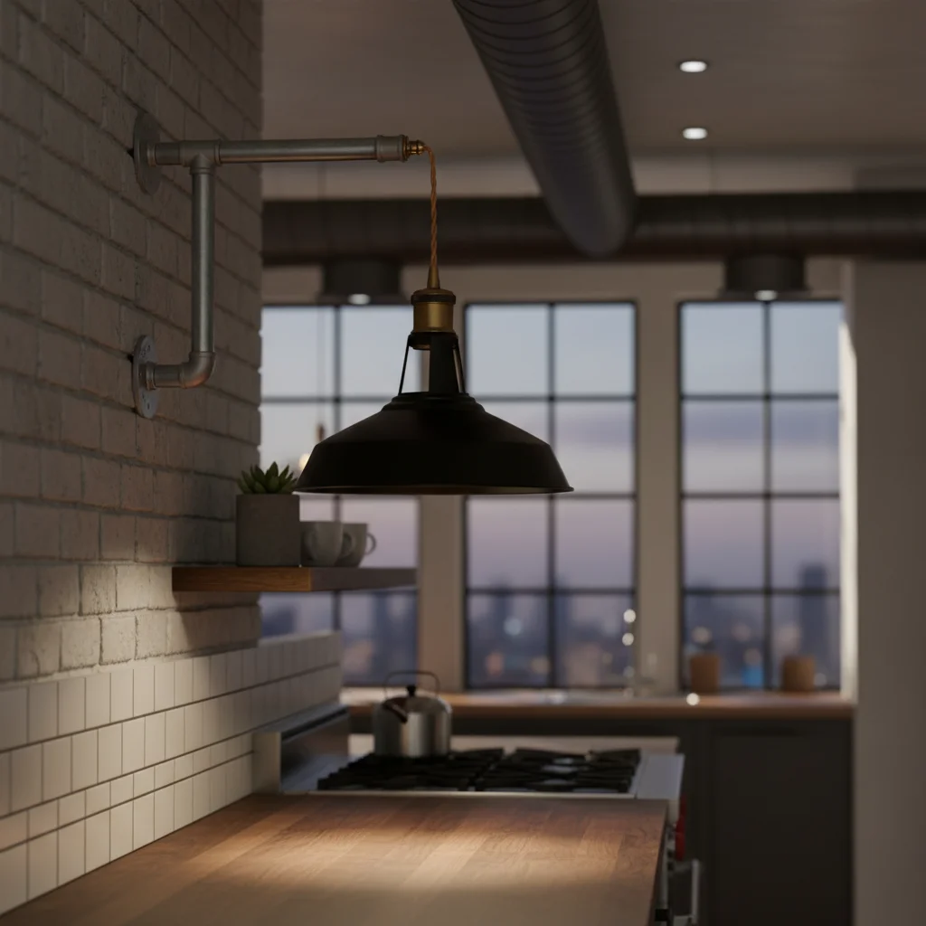 Black metal barn shade industrial wall light with galvanized iron pipe and adjustable twisted fabric cord mounted on wall