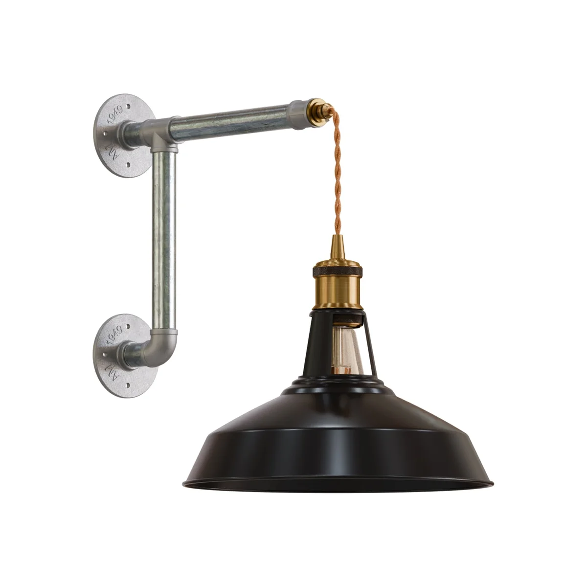 Industrial wall light with black metal barn shade, galvanized iron pipe, and adjustable twisted fabric cord mounted on wall