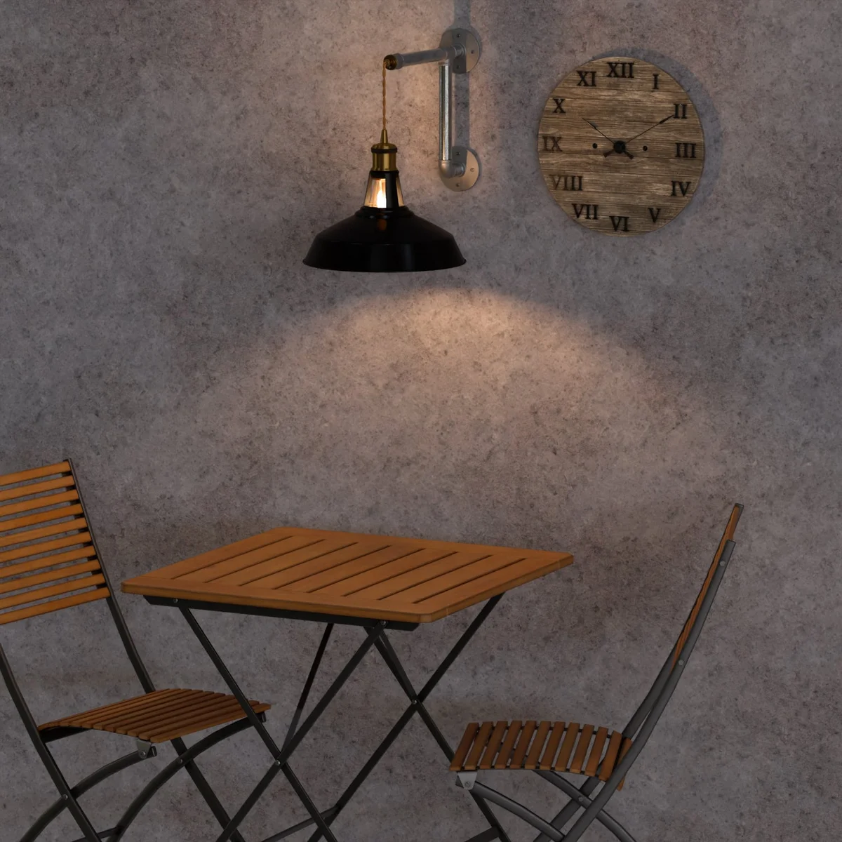 Industrial wall light with black metal barn shade, galvanized iron pipe mount, and adjustable twisted fabric cord on white wall