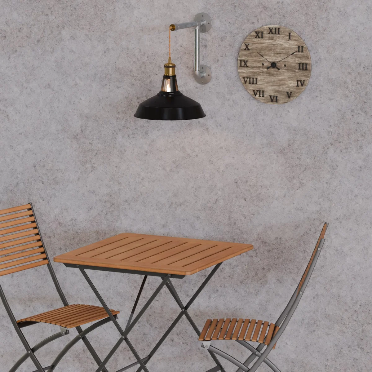 Industrial wall light with black metal barn shade and galvanized iron pipe mount kit, vintage industrial design shown from side angle