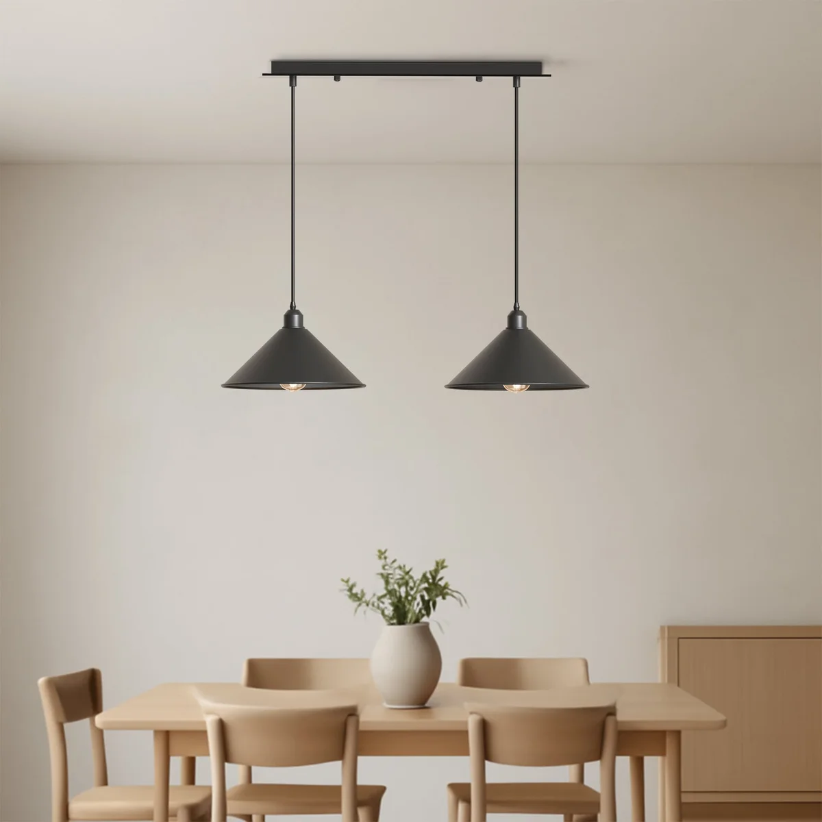 Modern 2 head pendant light with two black metal cone shades on a rectangular ceiling mount, suitable for indoor use