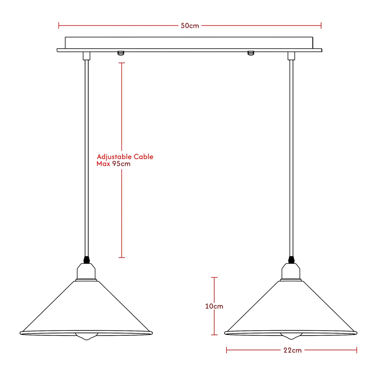 Modern pendant light with two black metal cone shades hanging from a rectangular ceiling mount in a symmetrical design