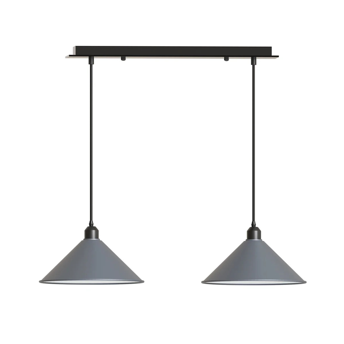 Modern metal ceiling light with two black cone-shaped shades hanging from a rectangular mount in symmetrical design