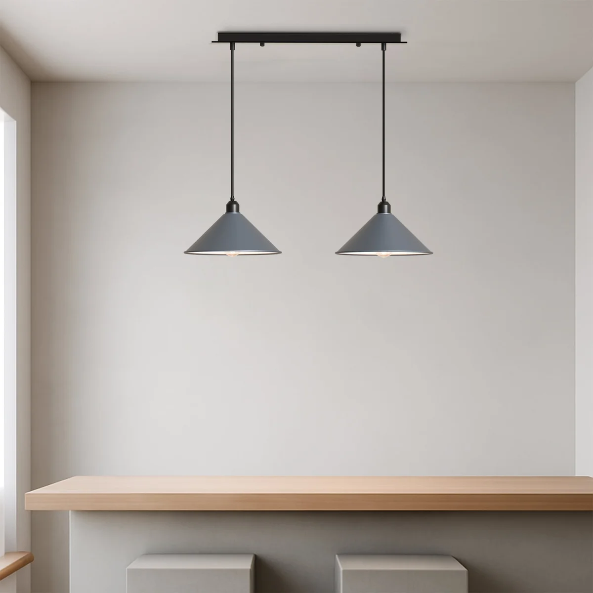 Modern black metal 2 head pendant light with cone shades, ceiling mounted, suitable for E27 bulb pendant bulbs