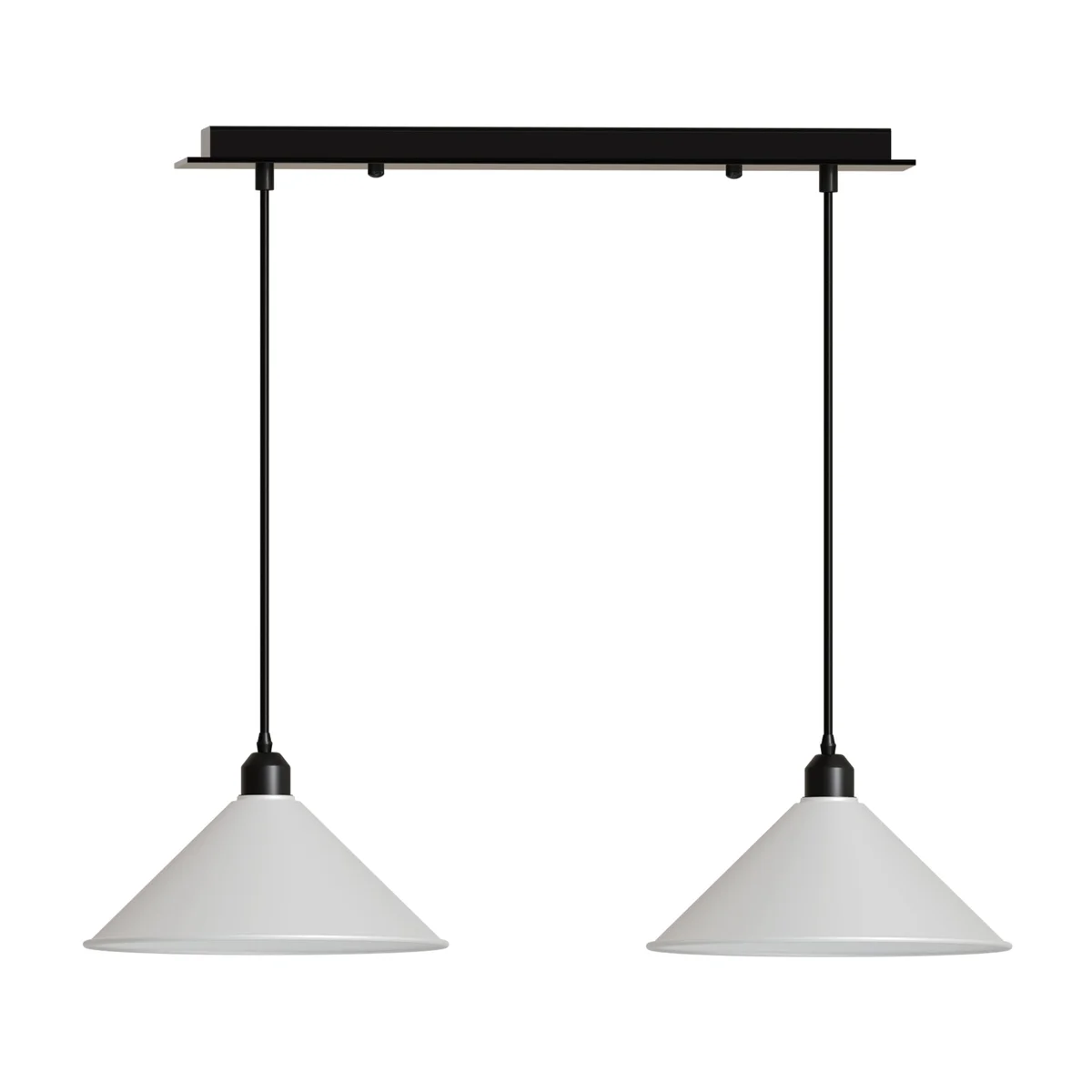 Two cone-shaped shades in matte black metal hanging from a rectangular mount, black pendant lighting for modern interiors