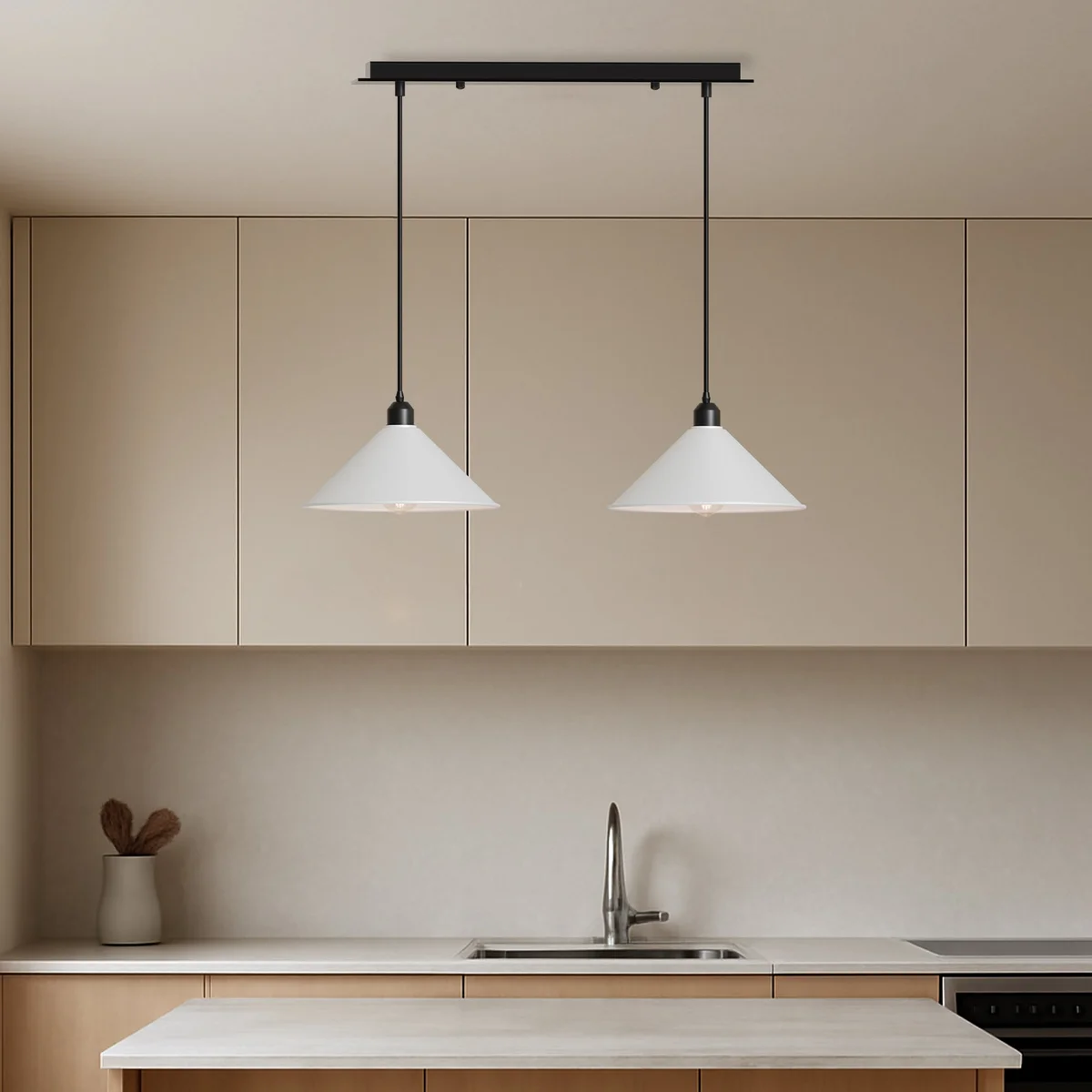 Modern indoor pendant lamp with two matte black metal cone shades on a rectangular ceiling mount
