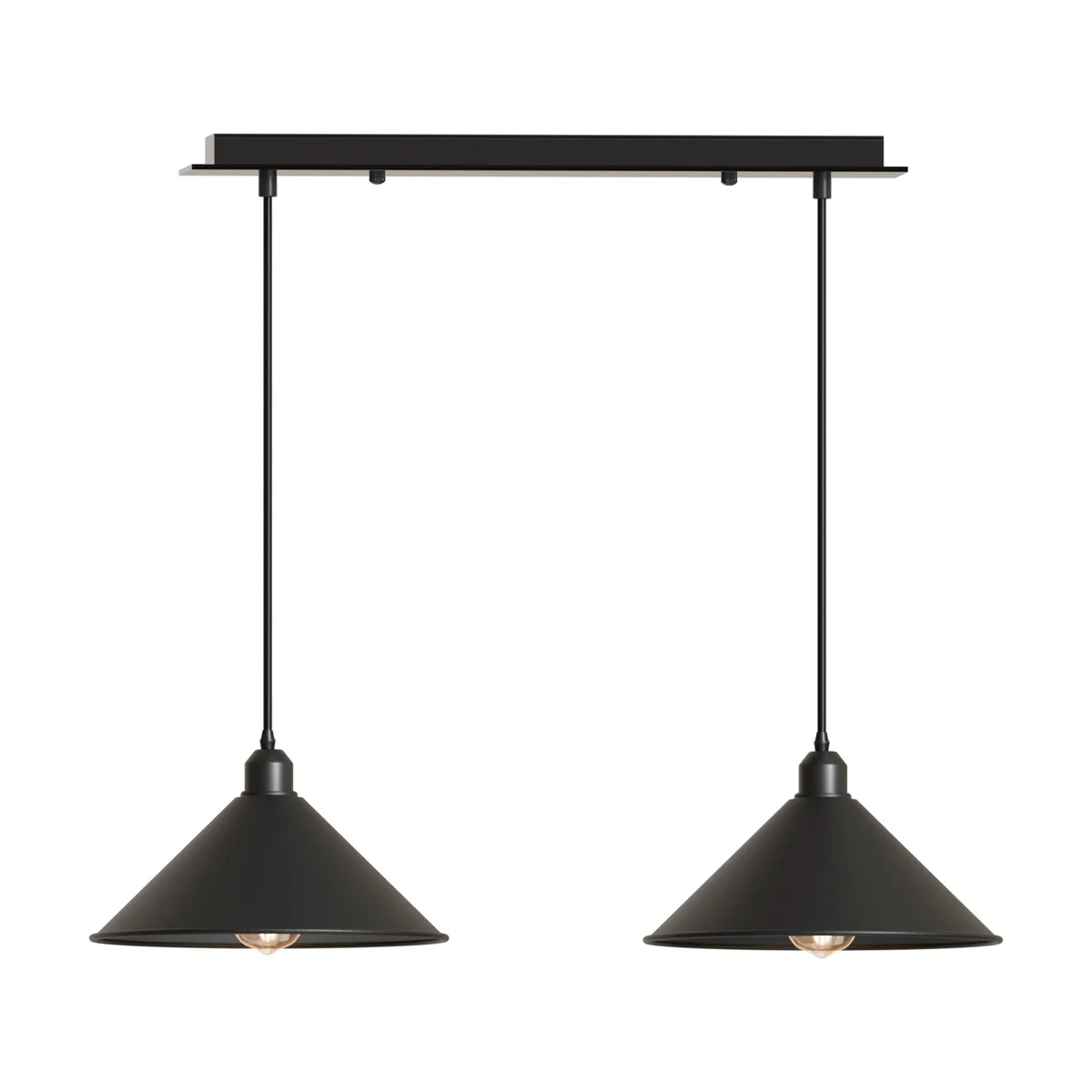 Modern 2 head pendant light with two black metal cone shades hanging from a rectangular ceiling mount
