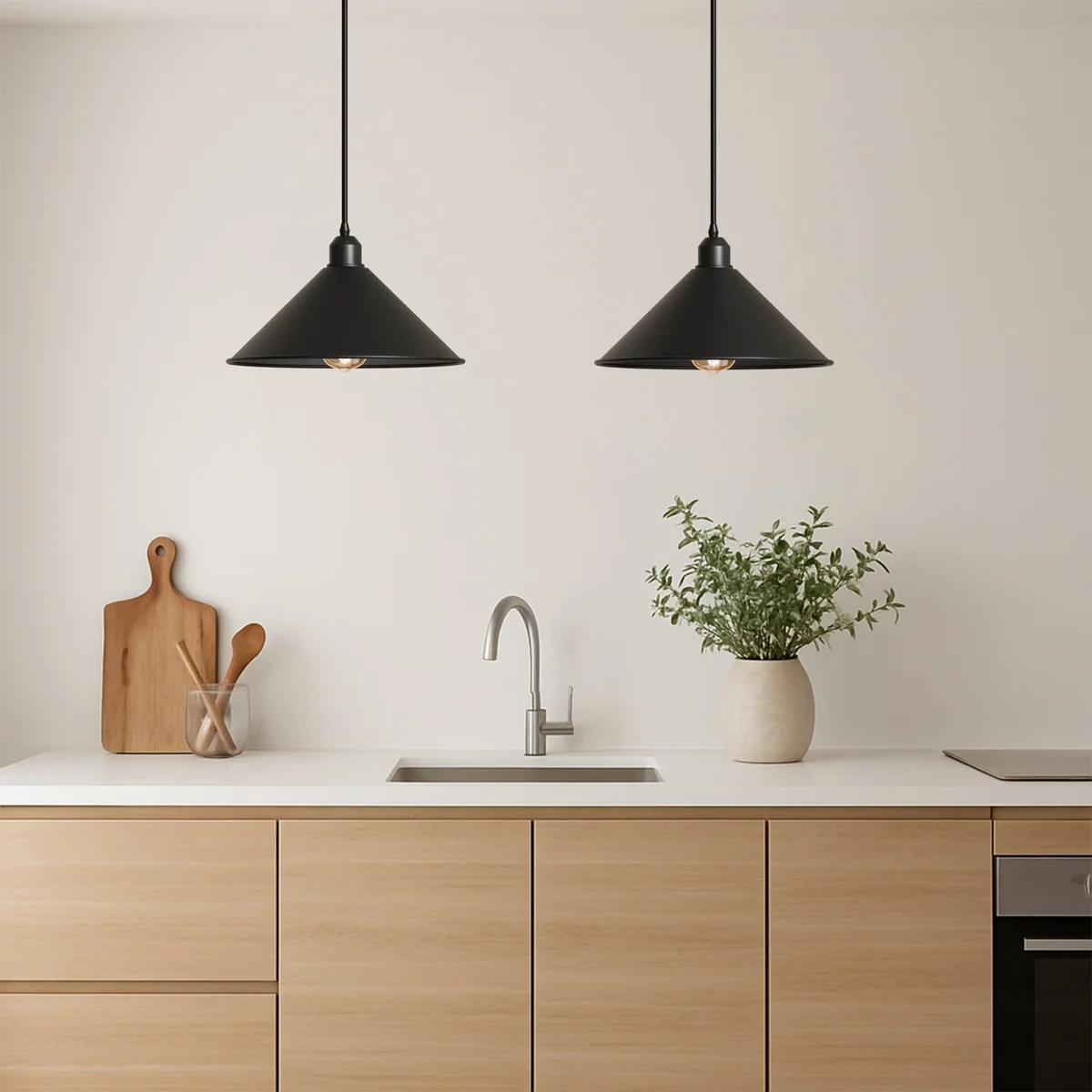 Modern 2 head pendant light with two black metal cone shades hanging symmetrically from a rectangular ceiling mount