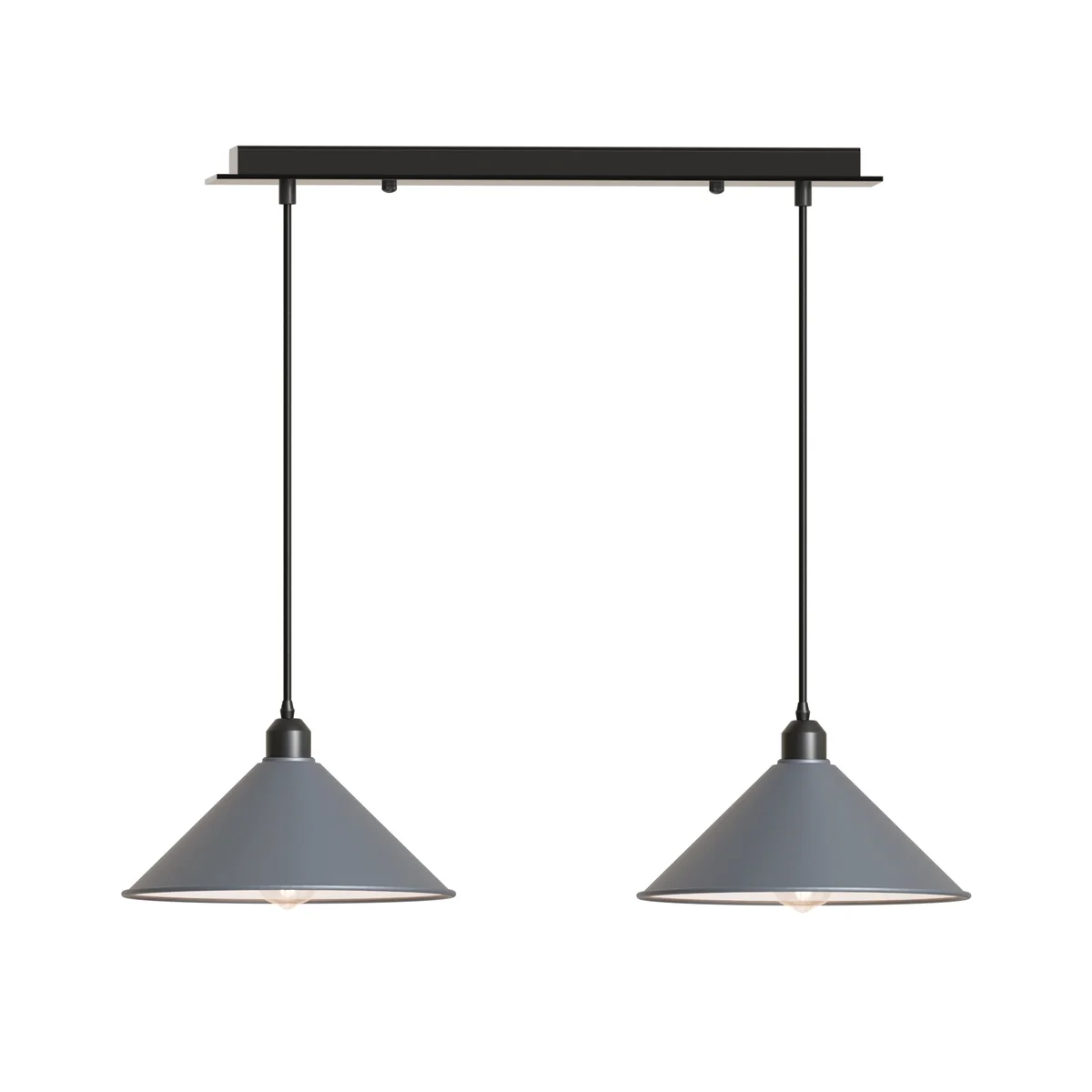 Modern 2 head pendant light with two black metal cone shades hanging from a rectangular ceiling mount