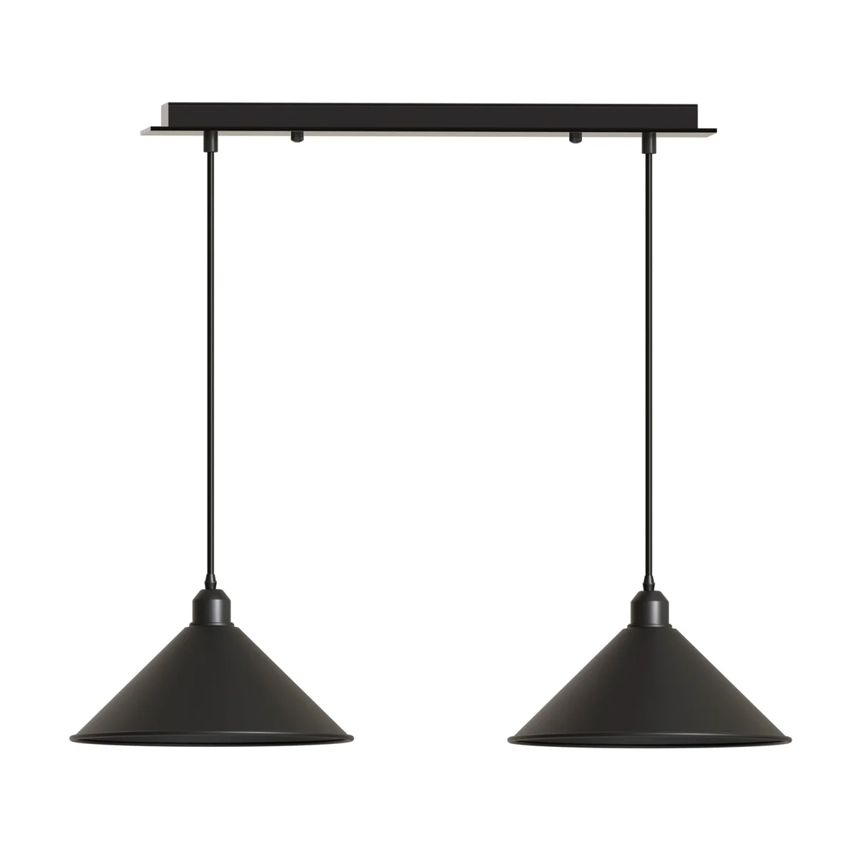 Modern 2 head pendant light with two black metal cone shades hanging from a rectangular ceiling mount in matte finish