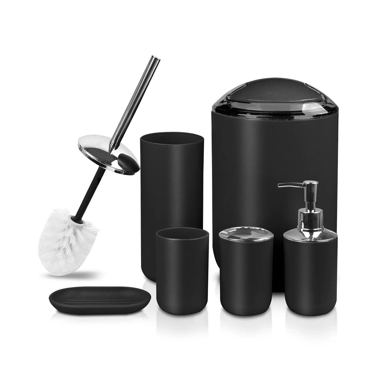 Bathroom accessory set with morandi blue plastic bin, toilet brush, soap dispenser, toothbrush holder, tumbler, soap dish, storage cup