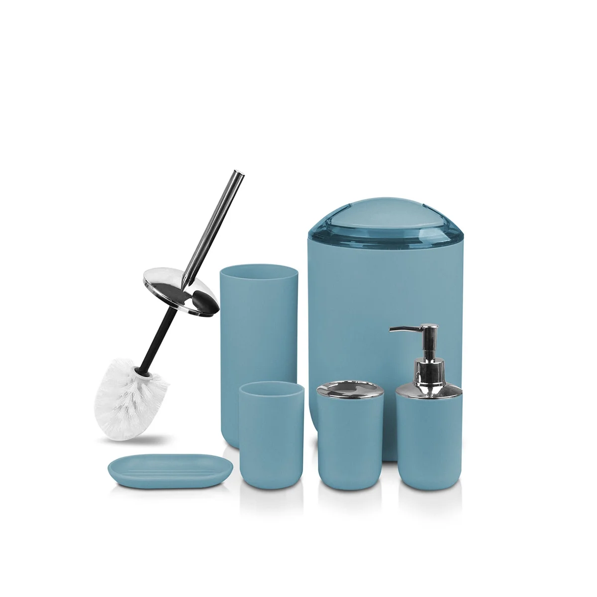 Morandi blue plastic toilet brush set with bin, soap dispenser, toothbrush holder, tumbler, soap dish, and storage cup