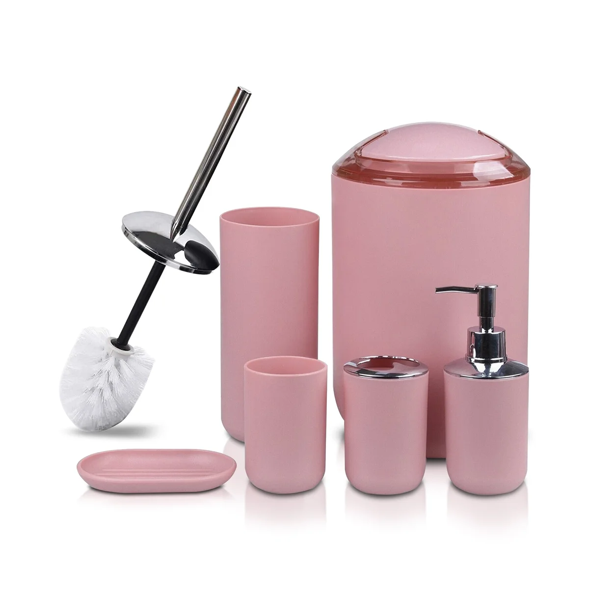 Morandi blue plastic soap dispenser set with toothbrush holder, tumbler, soap dish, bin, and toilet brush in bathroom setting