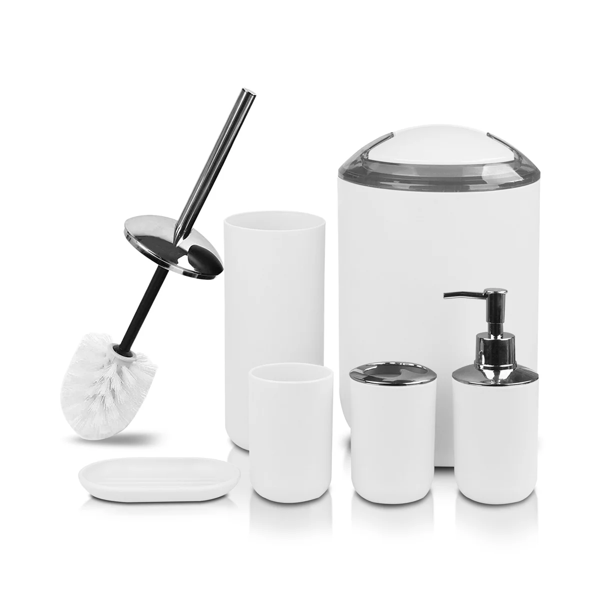 Morandi blue plastic bathroom storage set including toothbrush holder, tumbler, soap dispenser, and soap dish on white background