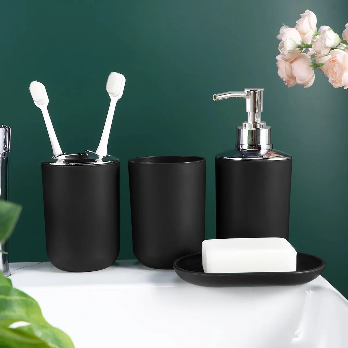 Compact bathroom set in Morandi blue plastic including soap dispenser, toothbrush holder, tumbler, and toilet brush with bin.