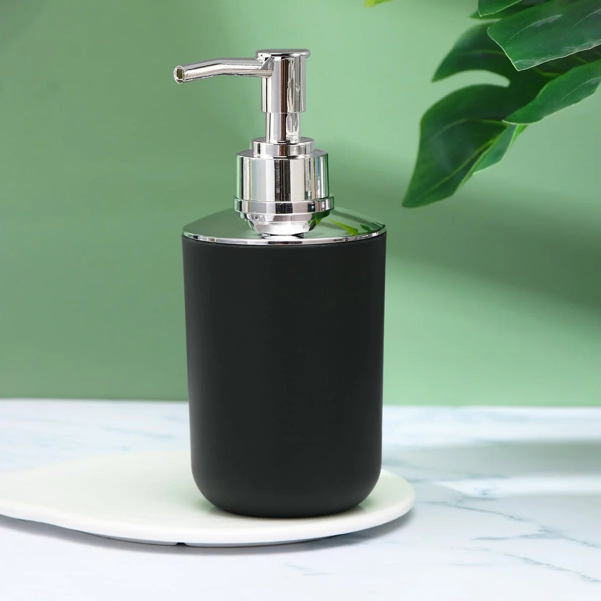 Morandi blue plastic bathroom set showing soap dispenser, toothbrush holder, tumbler, soap dish, bin, and toilet brush