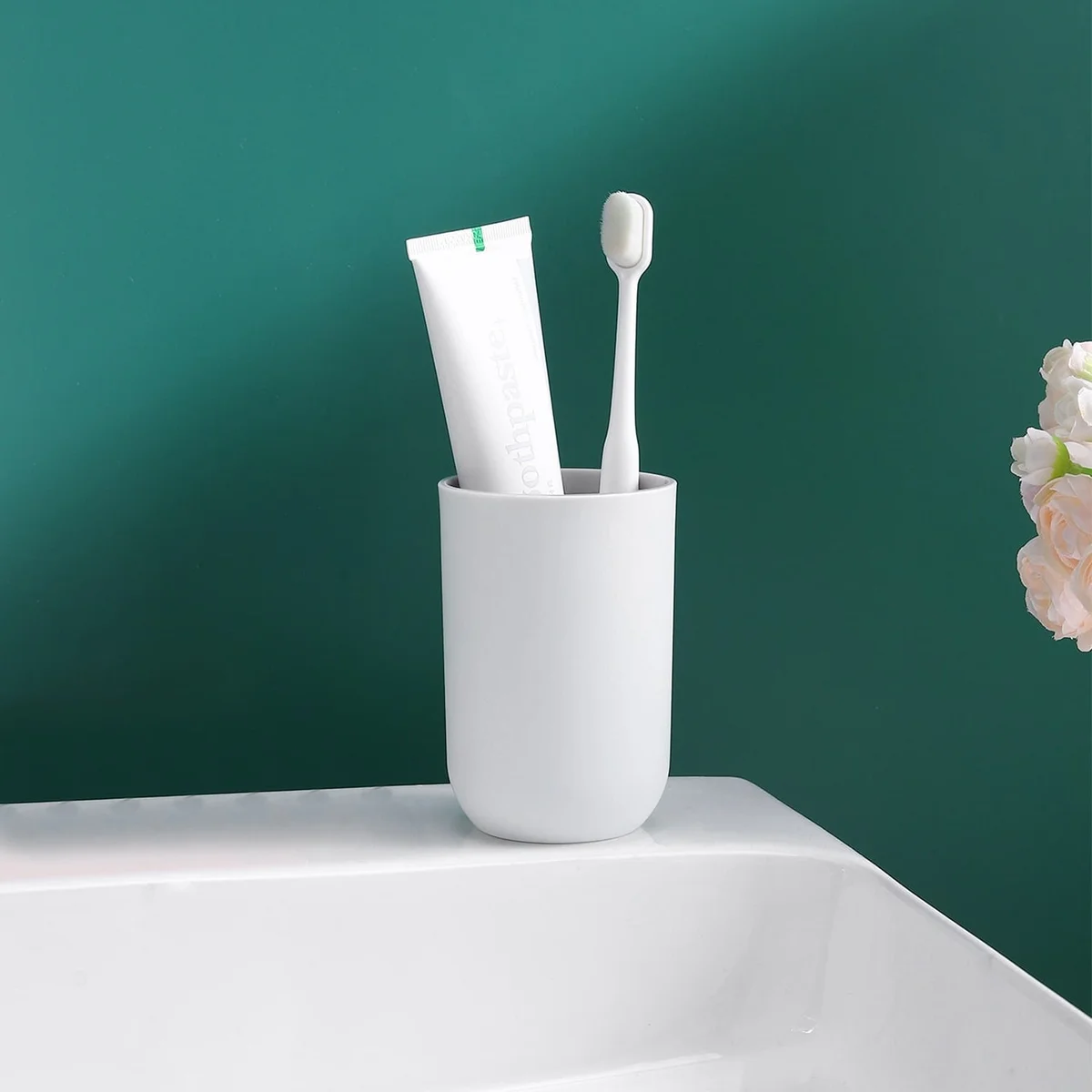 Morandi blue plastic bathroom set with toilet brush, bin, soap dispenser, toothbrush holder, tumbler, soap dish, storage cup