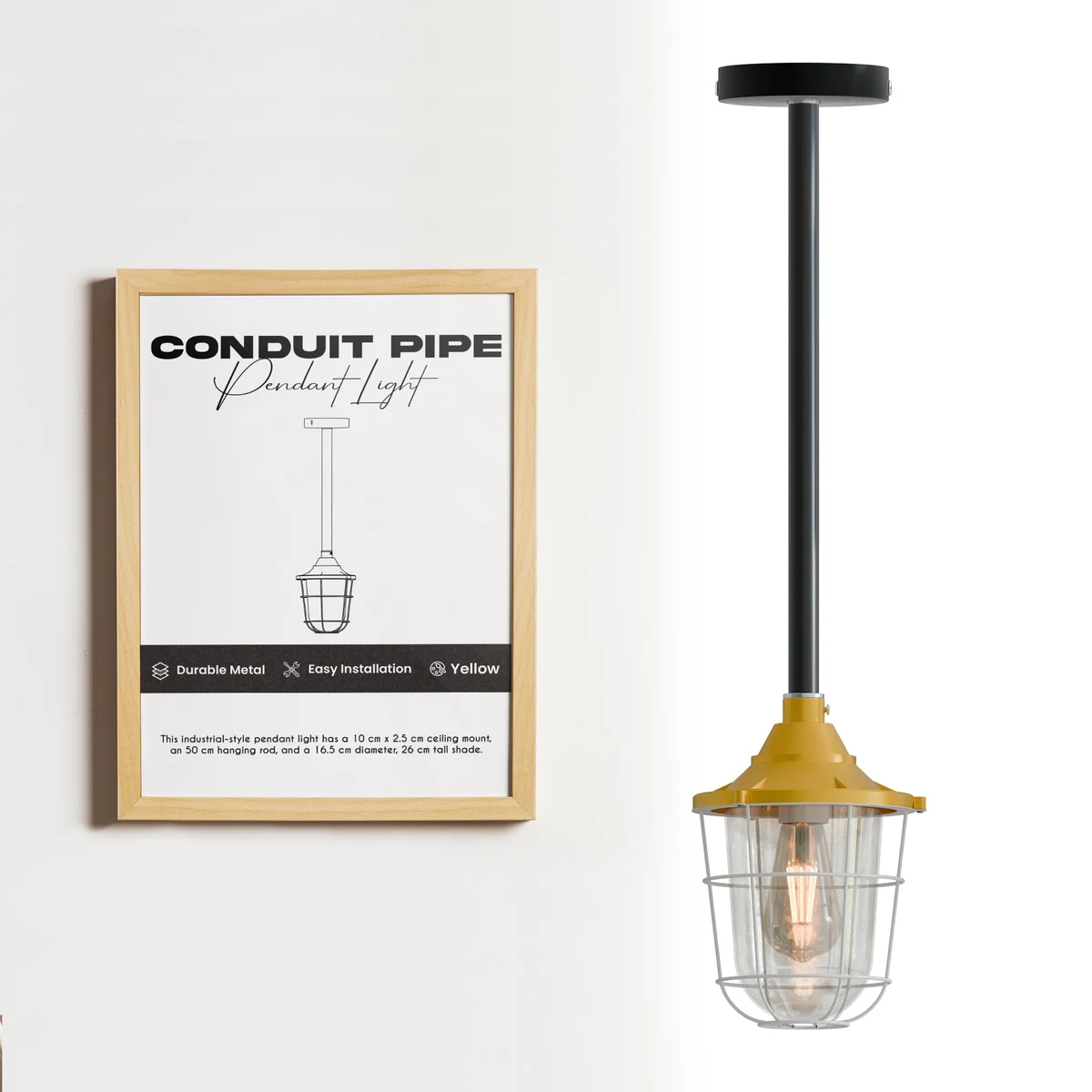 Black steel industrial pendant light with fisherman cage shade and conduit pipe ceiling mount against white background