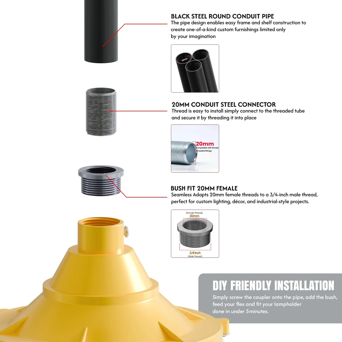 Black steel industrial conduit pipe ceiling light with vintage fisherman cage pendant shade hanging against white background