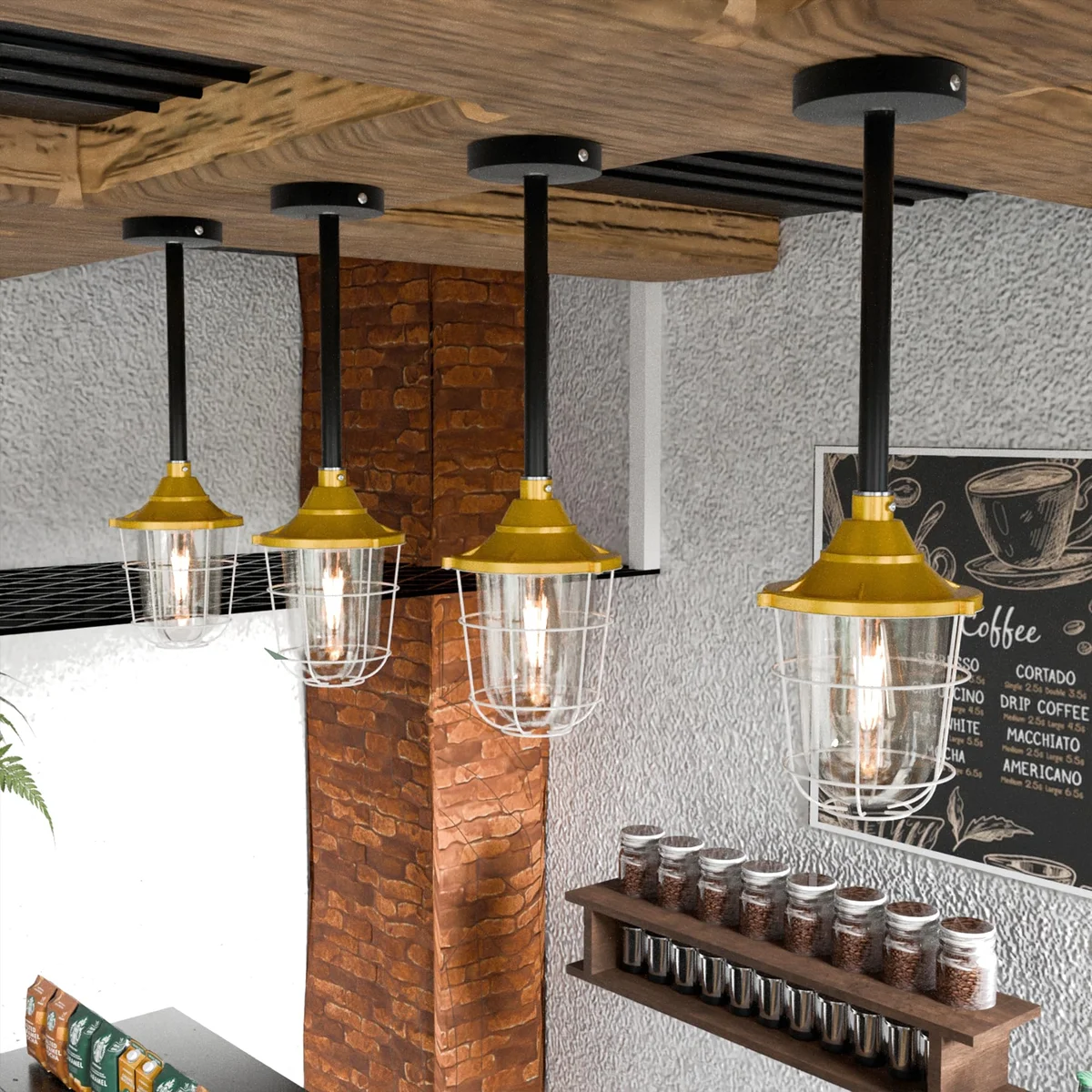 Black steel industrial ceiling fixture with fisherman cage shade and exposed bulb hanging from conduit pipe