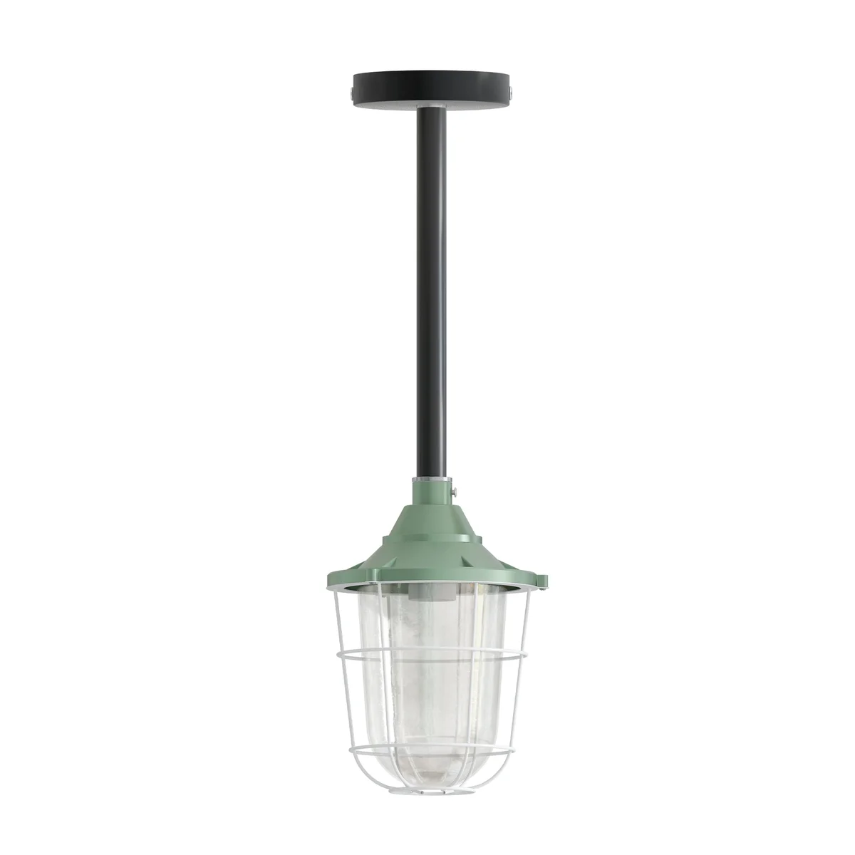 Black steel industrial conduit pipe adjustable pendant light with fisherman cage shade hanging from ceiling