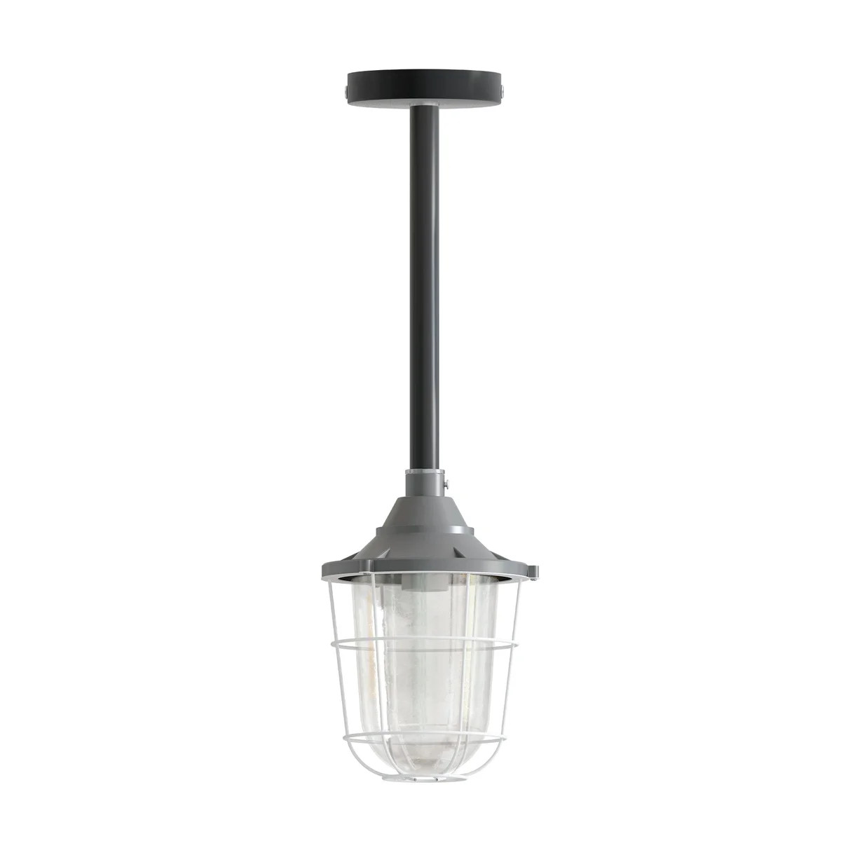 Black steel industrial pendant light with fisherman cage shade hanging from ceiling conduit pipe