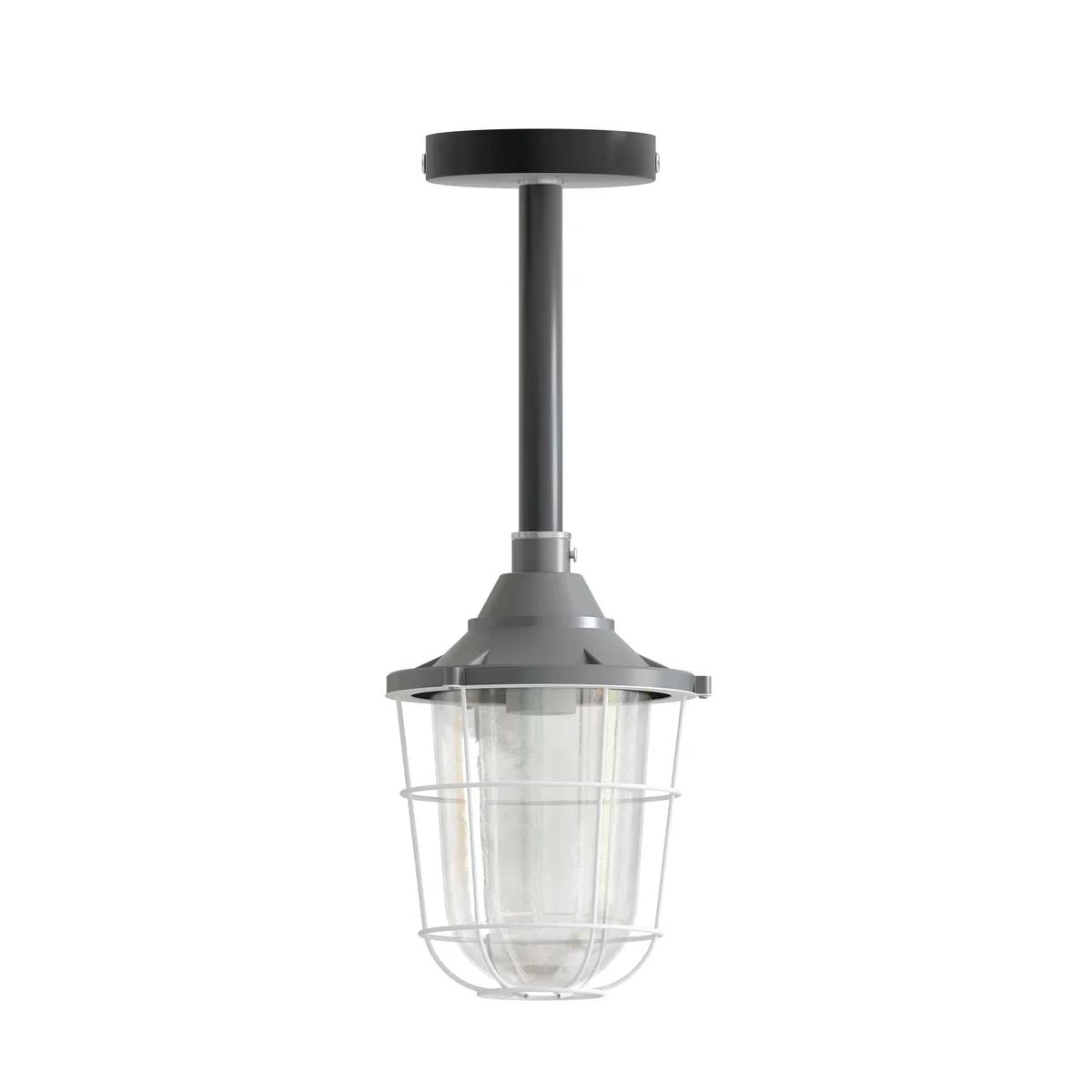 Industrial pendant light with black steel conduit pipe and fisherman cage shade hanging from ceiling in vintage style setting