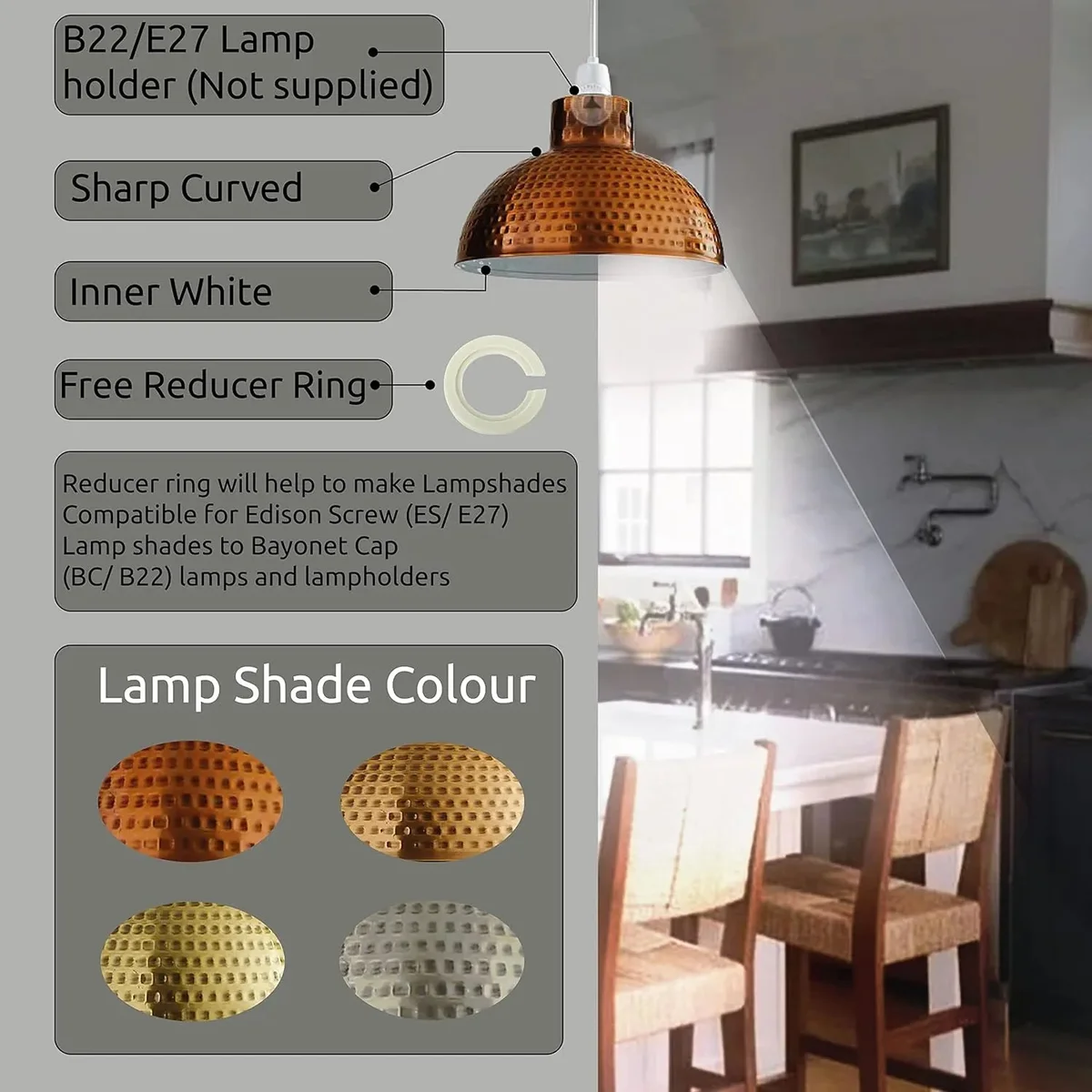 Metal ceiling lamp shade with industrial concrete look finish, designed for E27 and B22 fittings, easy to mount