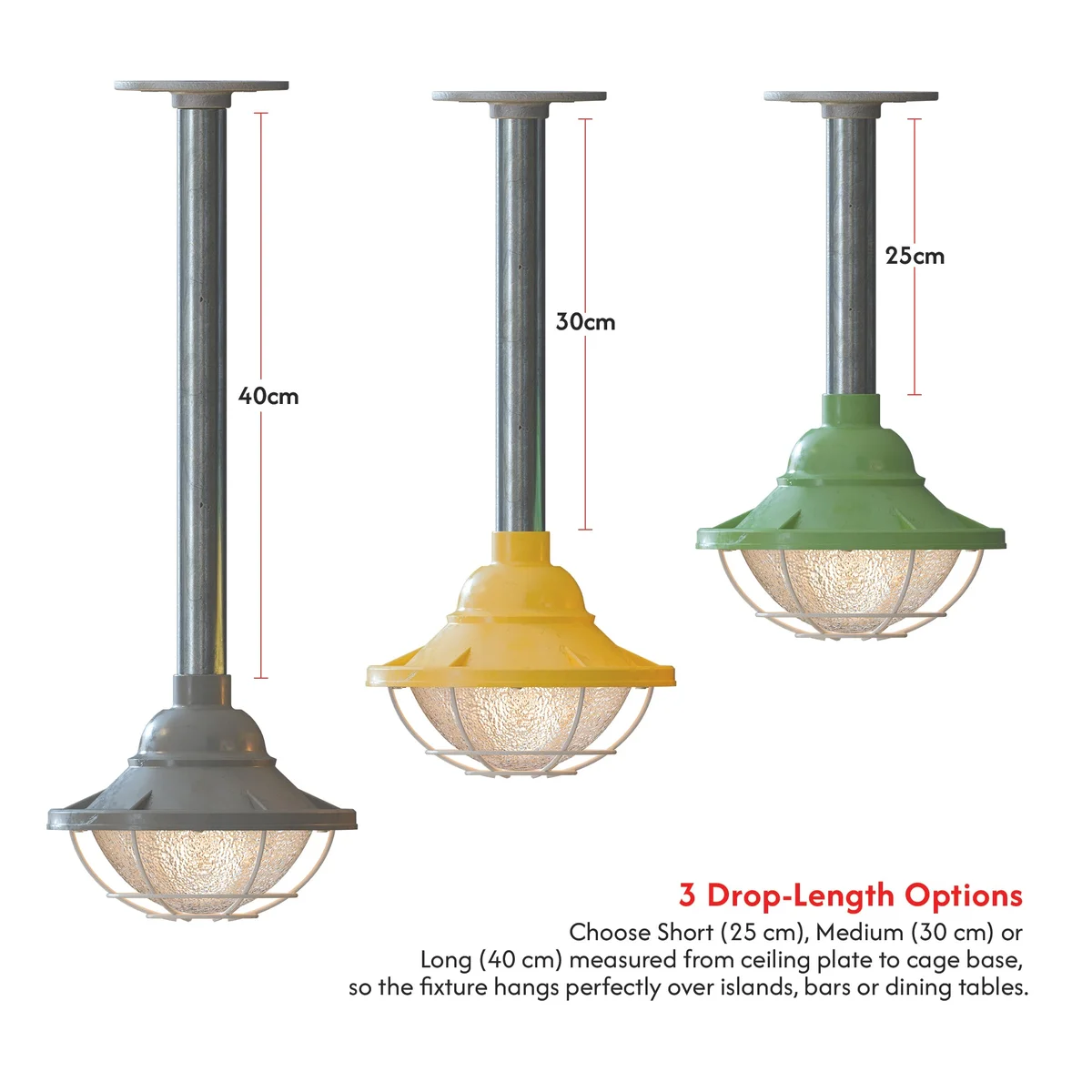Yellow metal cage E27 bulb pendant light with 21cm cage and 25cm conduit pipe ceiling mount