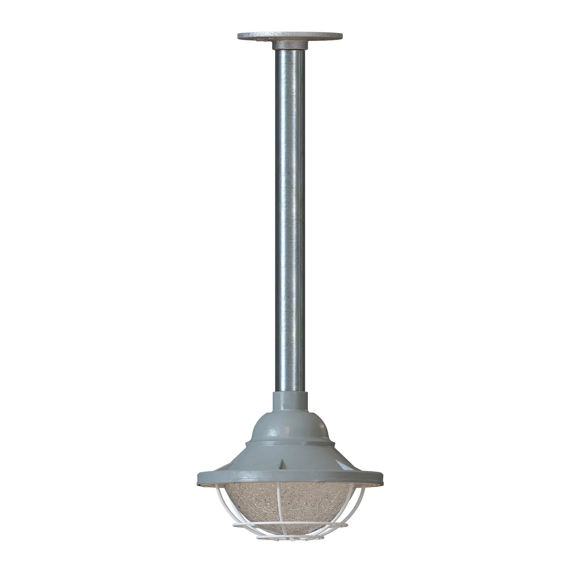 Yellow industrial ceiling pendant light with metal 21cm cage and exposed conduit pipe mount hanging from ceiling