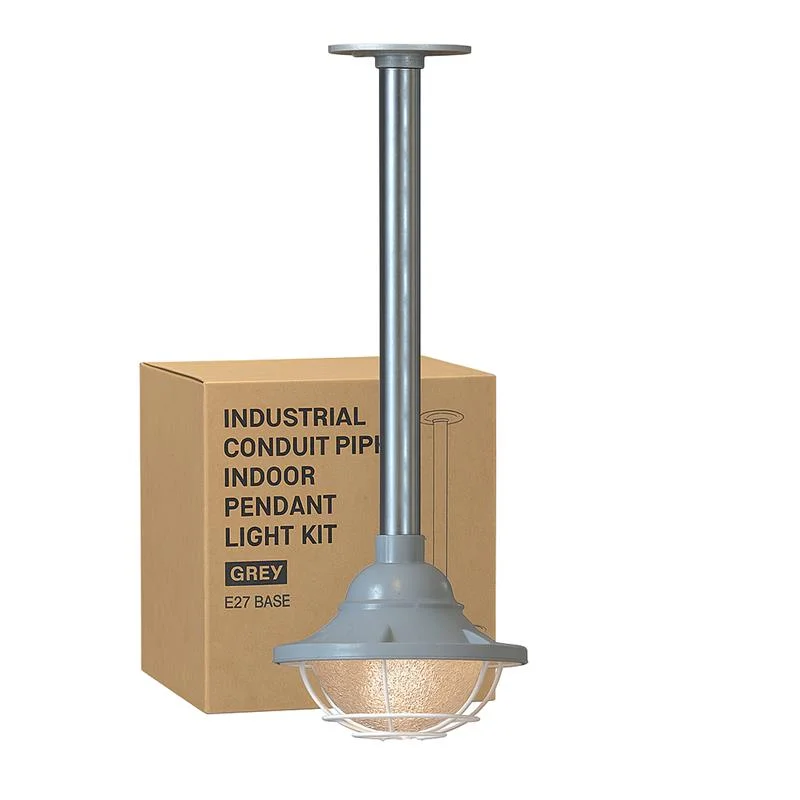 Yellow industrial ceiling pendant light with 21cm metal cage and 25cm conduit pipe hanging from ceiling mount