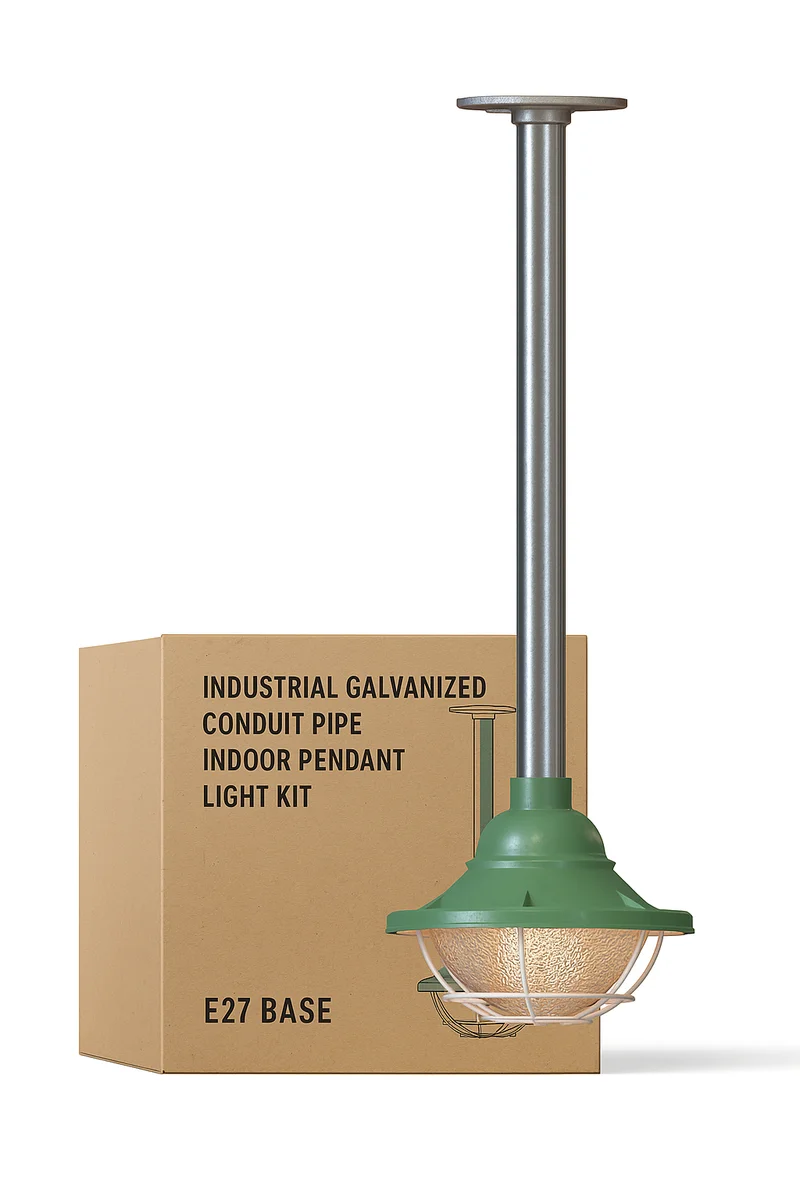 Yellow industrial ceiling pendant light with 21cm metal cage and 25cm conduit pipe, ceiling mounted with clear glass shade