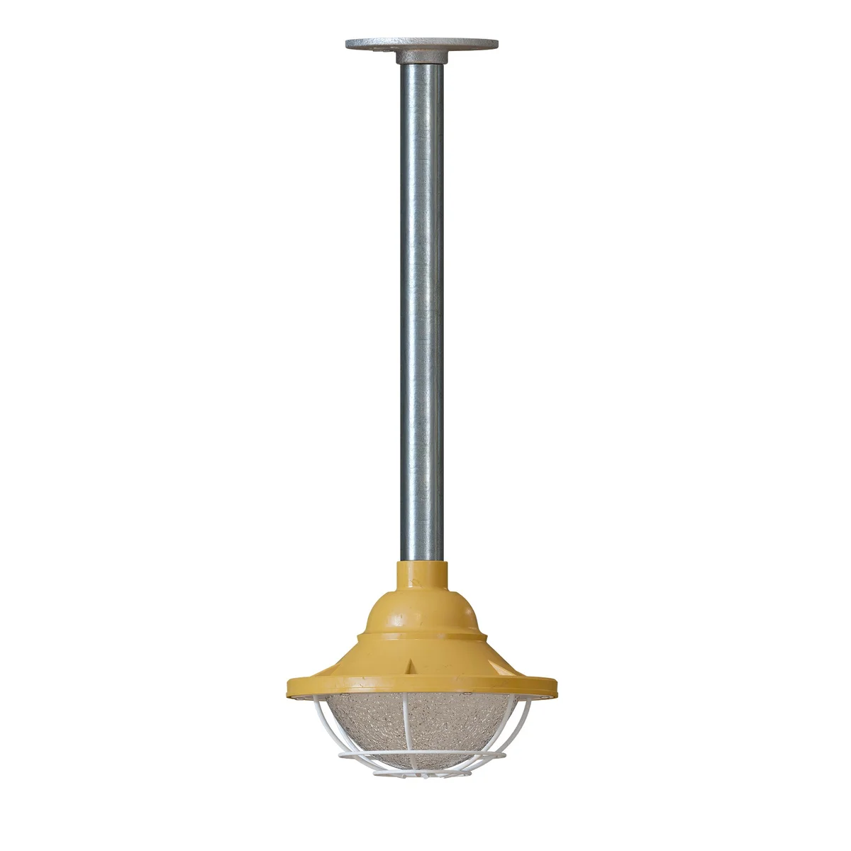 Hardwired pendant lamp with yellow metal cage, clear glass shade, and 30cm conduit pipe, industrial ceiling light fixture