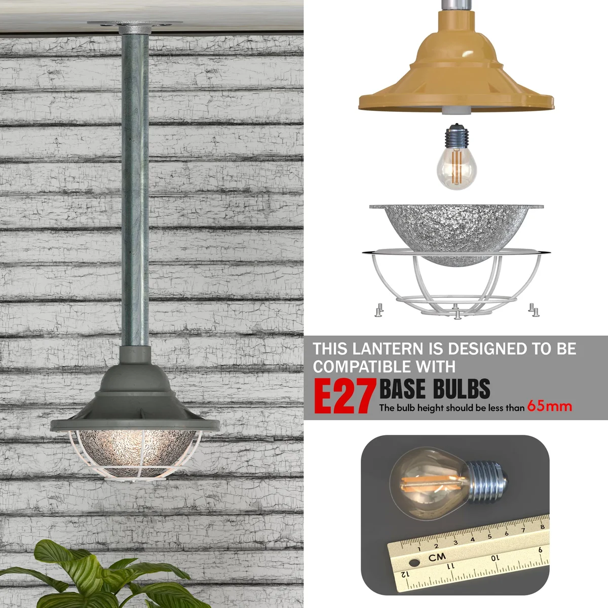 Yellow industrial pendant light with metal cage and clear glass shade hanging from 30cm conduit pipe