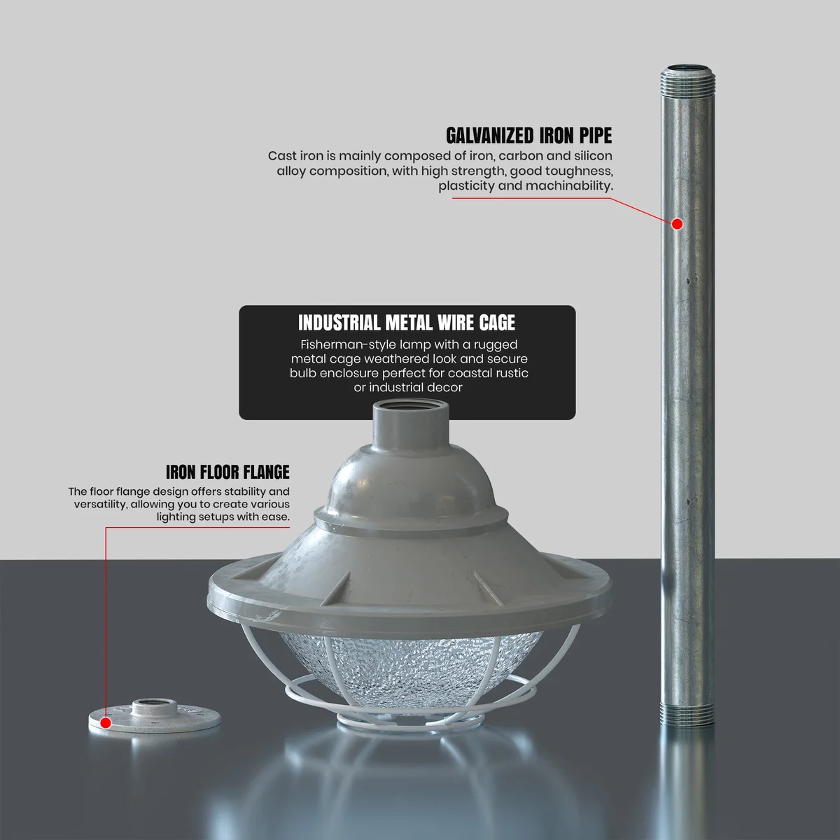 Yellow industrial pendant light with metal cage, clear glass shade, and 30cm conduit pipe for ceiling mounting