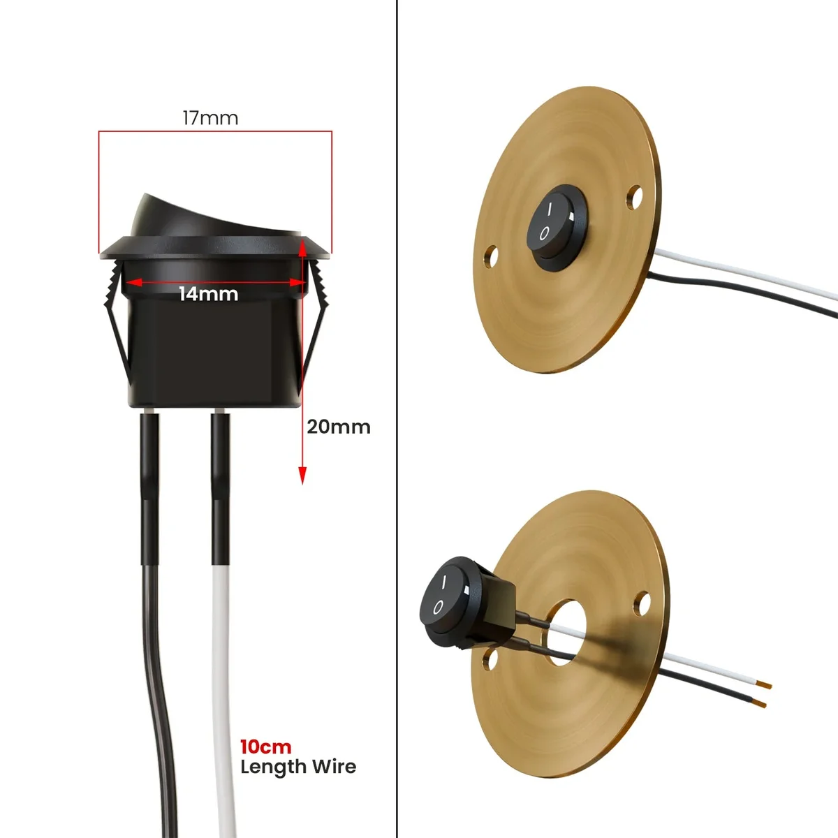 Compact round rocker switch with ON/OFF toggle and pre-wired black and white leads for panel mounting