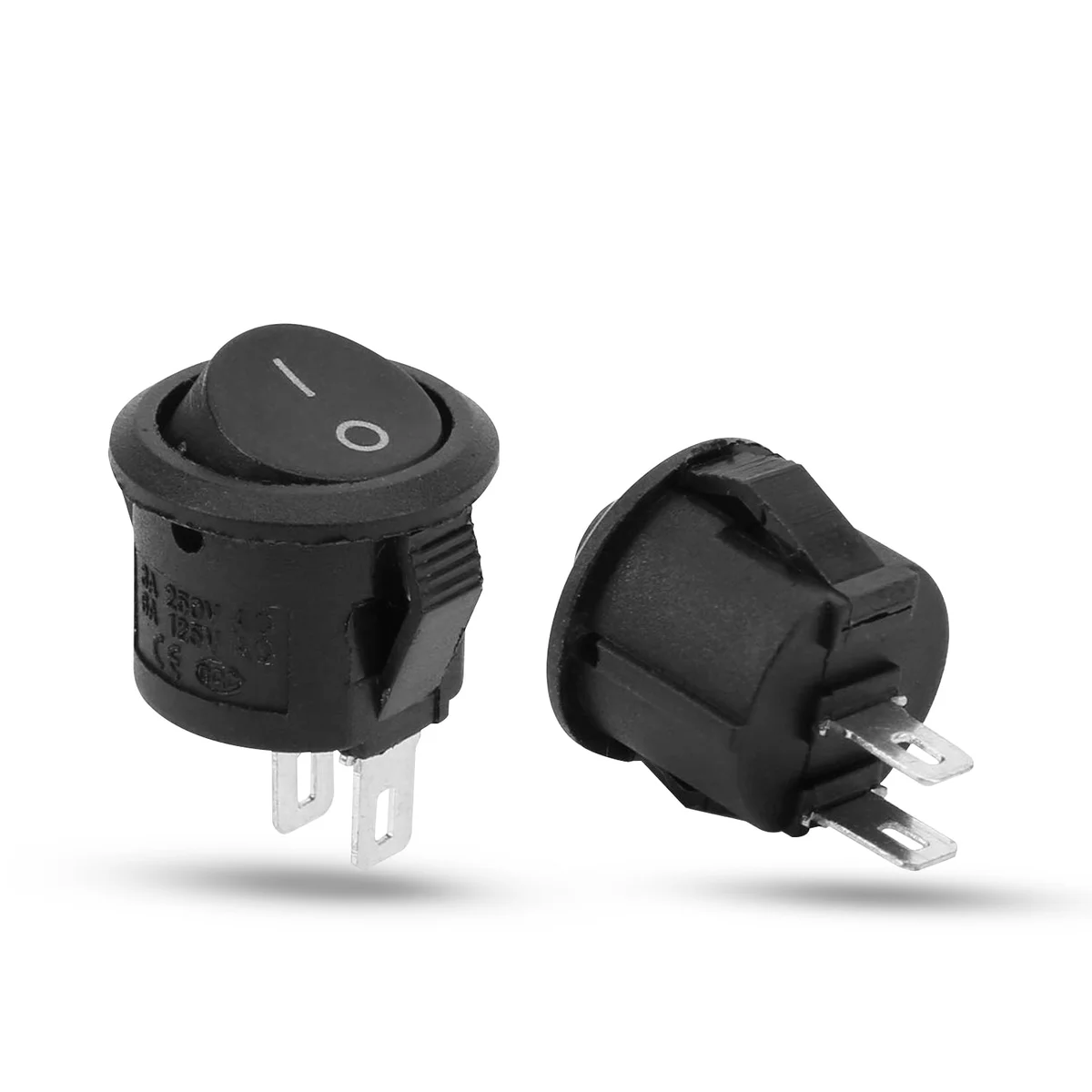 Round black round rocker panel mount switch with ON/OFF markings and pre-wired black and white leads attached