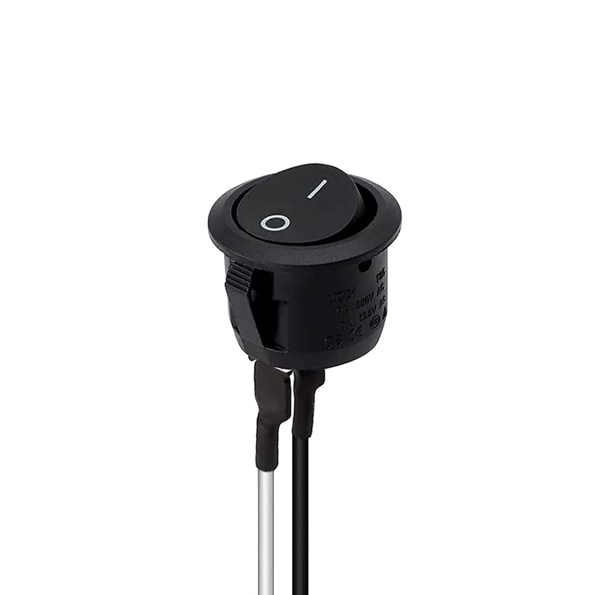 Round black SPST rocker switch with ON/OFF markings and pre-wired black and white leads for panel mounting
