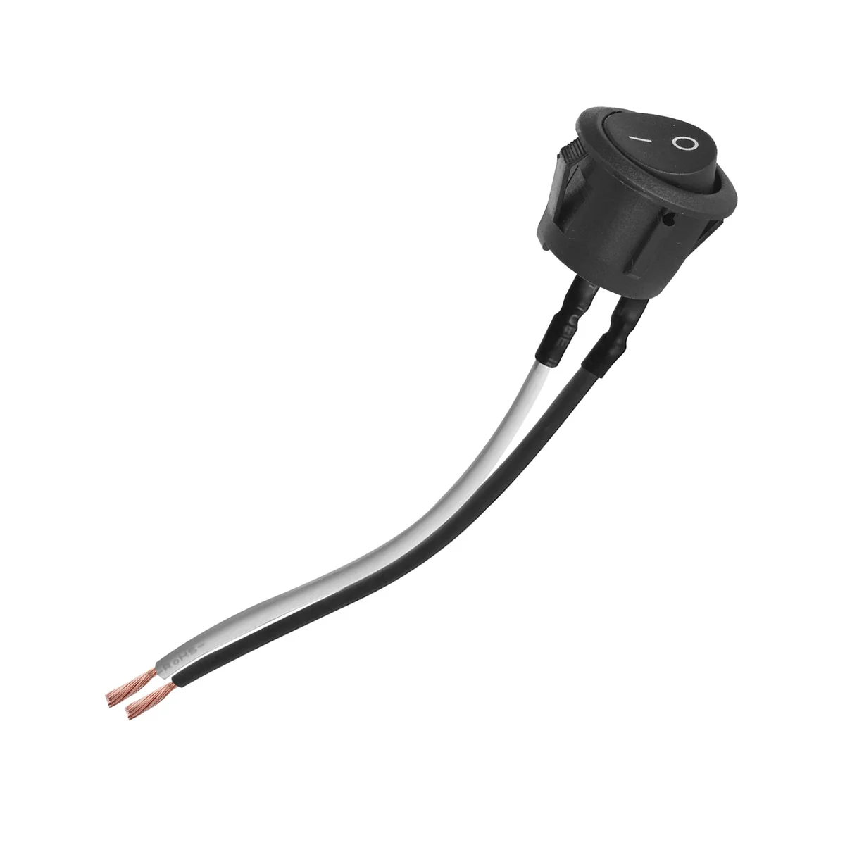 Round black 10A rocker switch with ON/OFF labels and pre-wired black and white leads for panel mounting