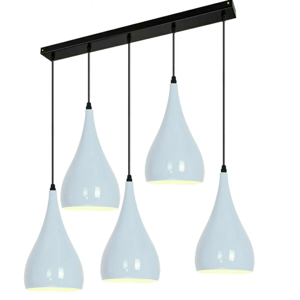 5 light pendant lamp with angled base and hood, in green blue red yellow white grey, good for sloped ceilings