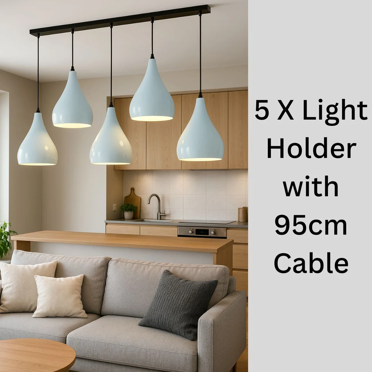 E27 pendant lamp hanging from ceiling, sleek metal frame, coloured metal shade, white interior hood with 5 holders